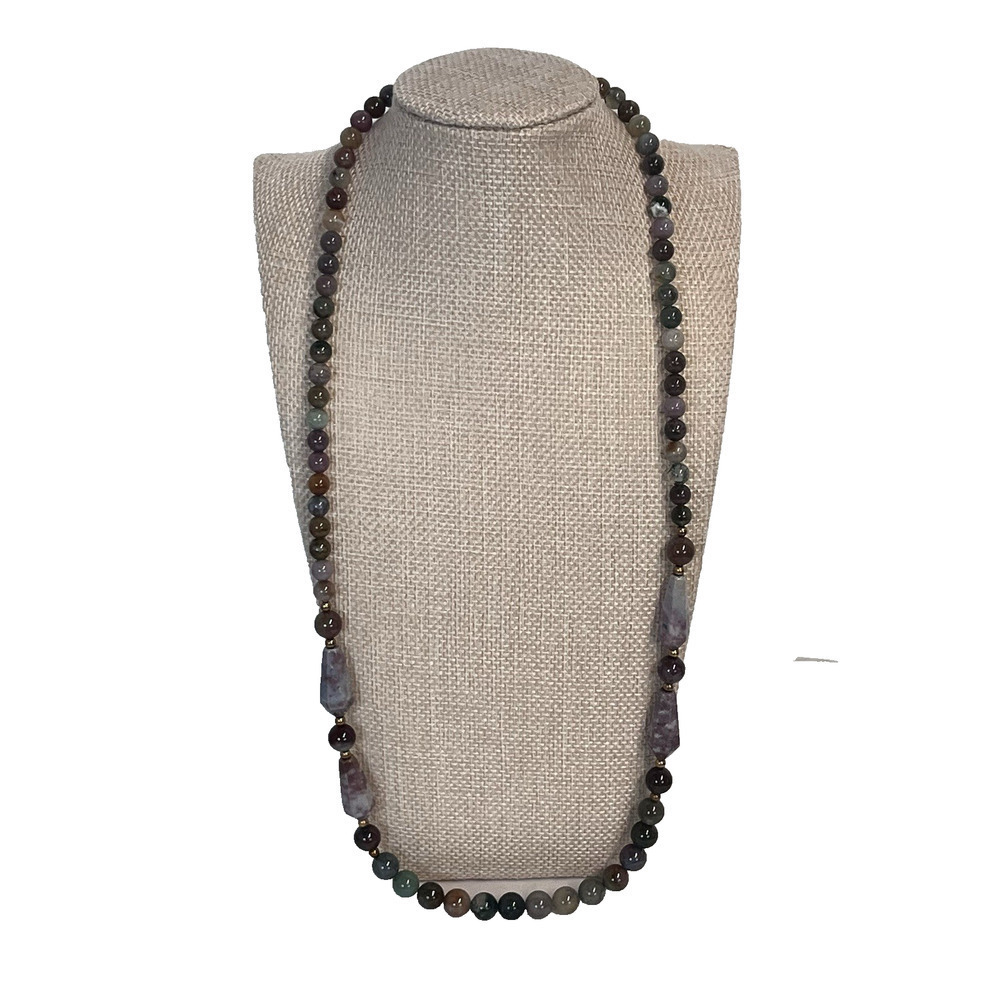 Vintage Purple Green Gemstone Jasper Gold Filled Beaded Necklace 25" (#19)